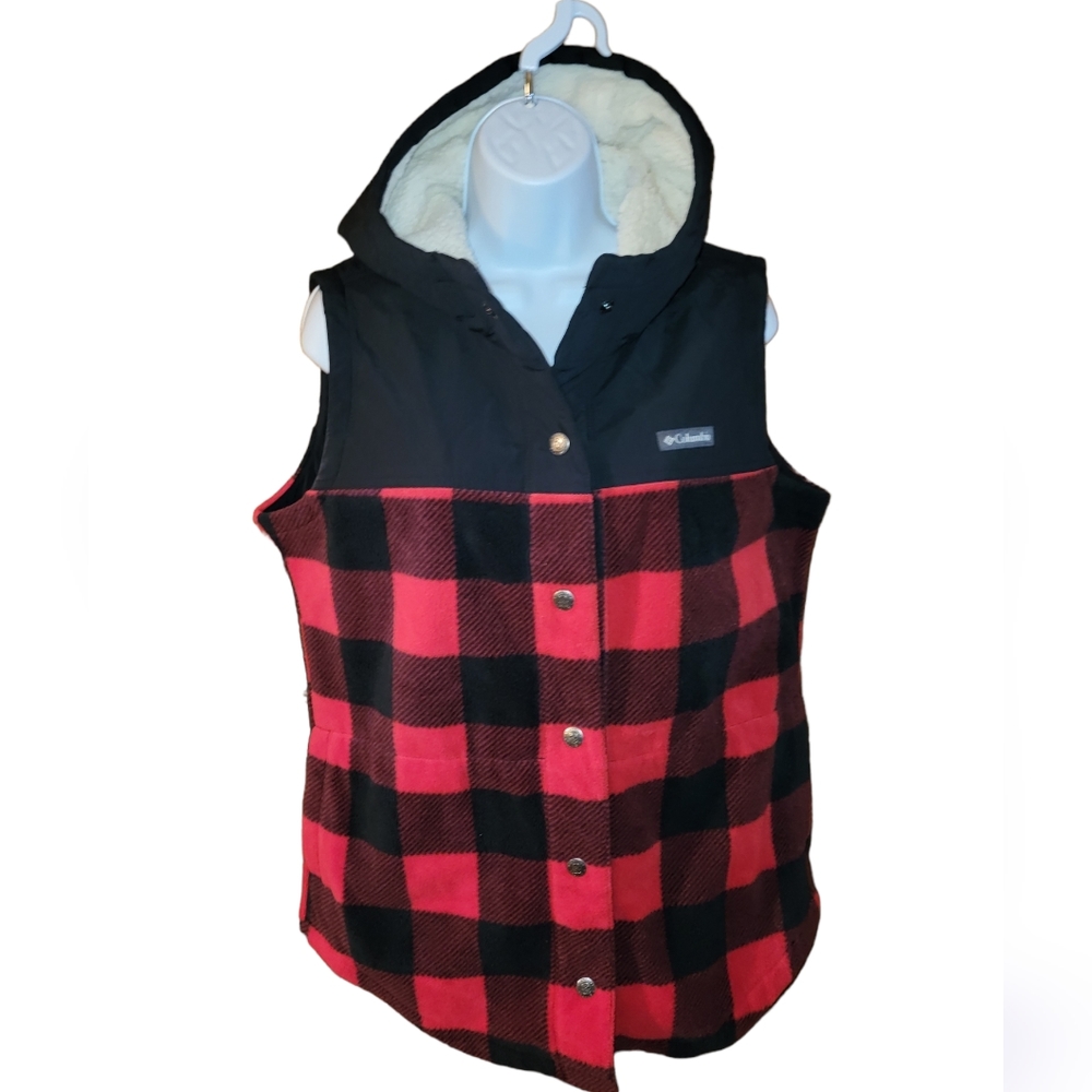 Columbia Buffalo Check Vest with Sherpa lined hood Size Large - like new